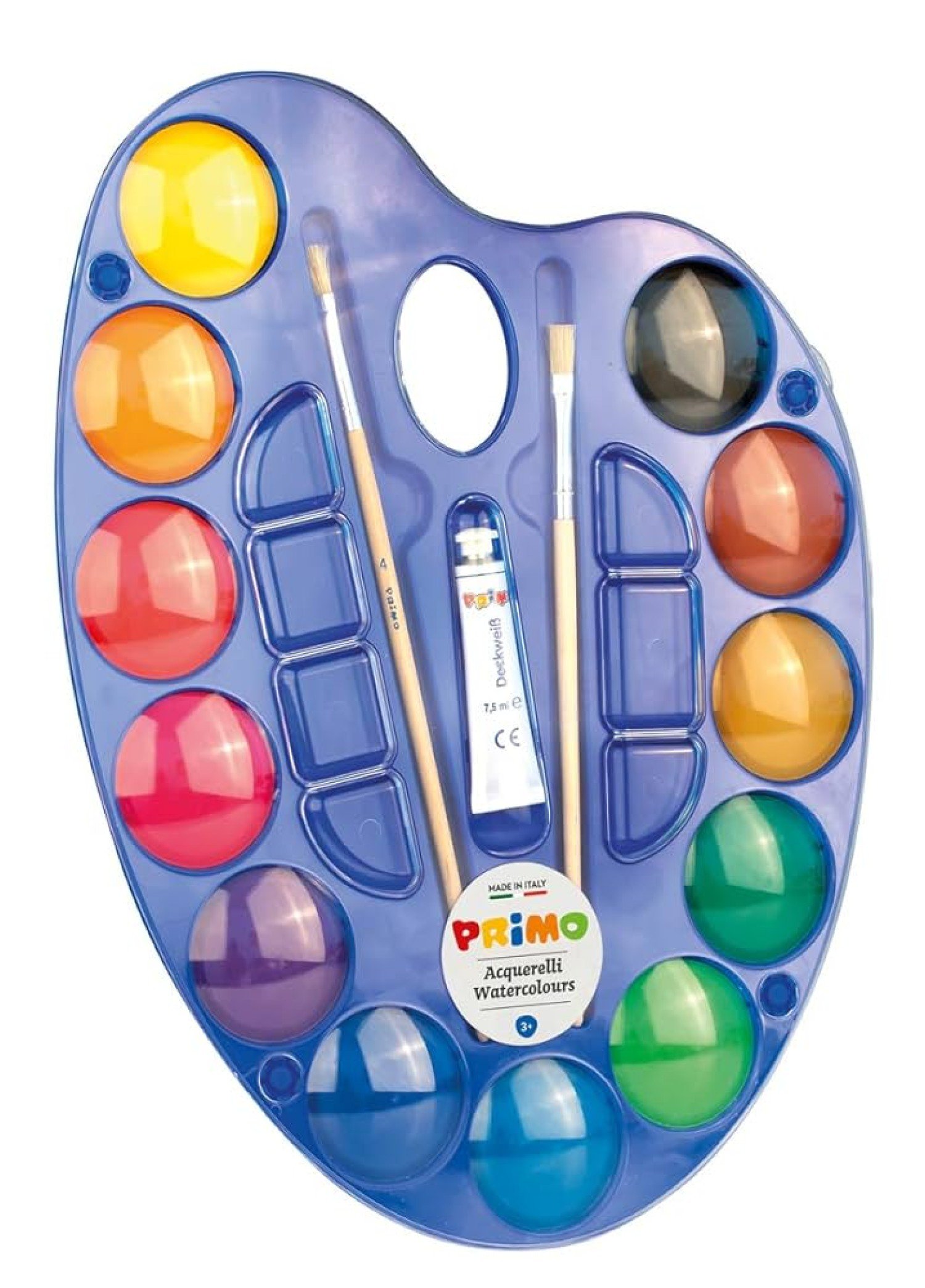 Primo Palet Formunda 12 Renk Suluboya Seti - Fırçalı ve Guaj Beyazlı