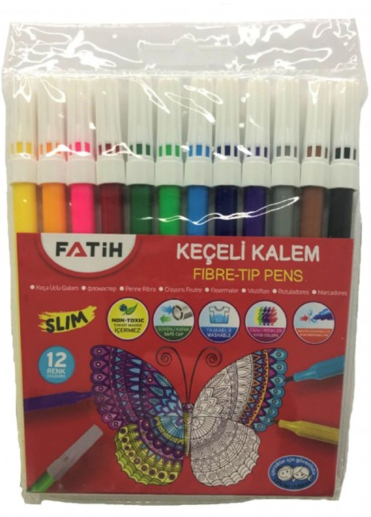 Fatih 12 Renk SLIM Keçeli Kalem Seti - Yıkanabilir, Zehirsiz ve Havalandırmalı Kapaklı