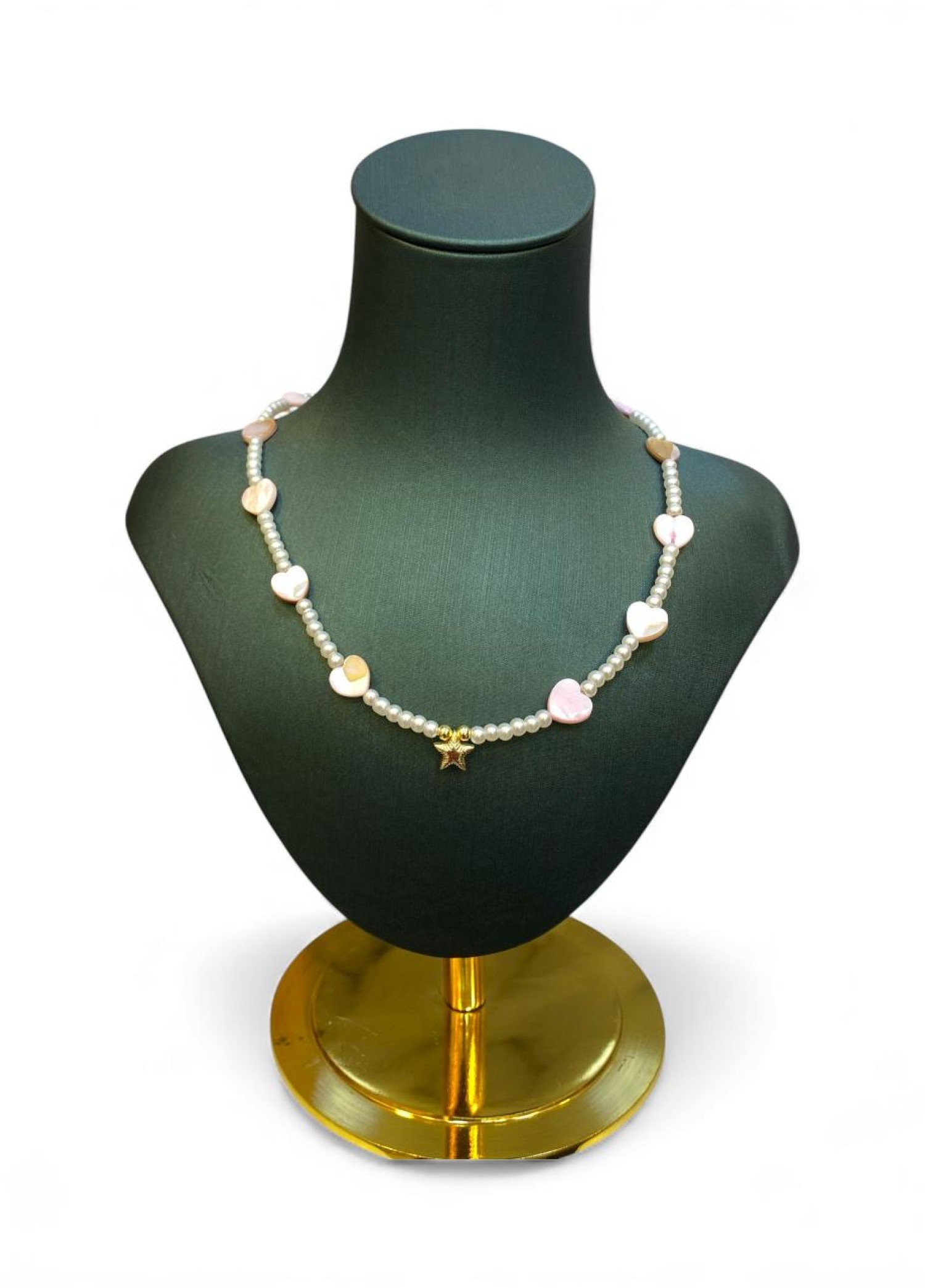 İnci Detaylı Kalpli Doğal Taş Kolye - Altın Yıldız Charm İnci Detaylı Kalpli Doğal Taş Kolye - Altın Yıldız Charm