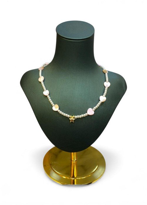 İnci Detaylı Kalpli Doğal Taş Kolye - Altın Yıldız Charm